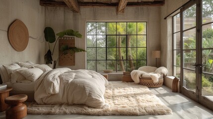 A calm bedroom's concrete floors are contrasted with soft wool rugs to create a tactile element. - obrazy, fototapety, plakaty