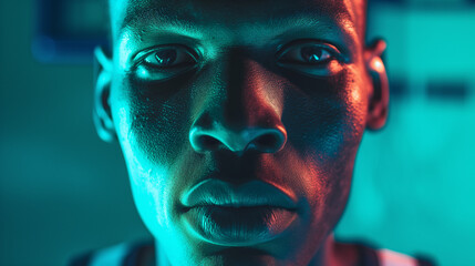 sports man poc basketball player with red and green gel lighting in close up