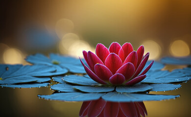 Red lotus flower on golden yellow light background on a lake, water drops. AI generated - obrazy, fototapety, plakaty