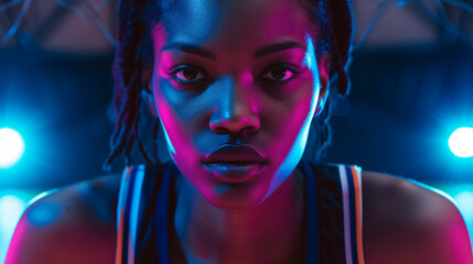 sports woman poc basketball player with pink and blue gel lighting	 - Powered by Adobe