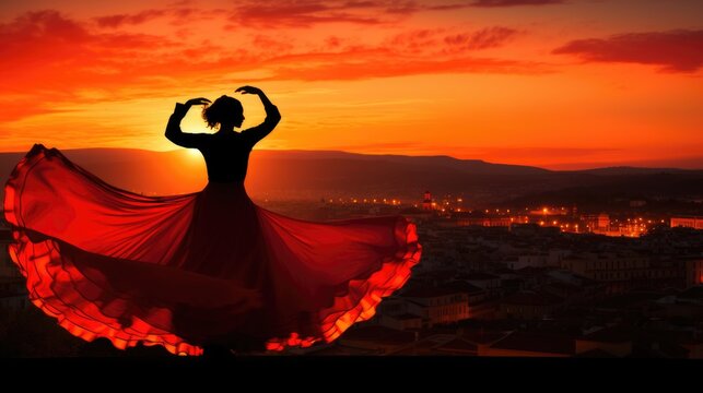 Silhouette of a Mexican dancer woman in a red dress, a beautiful sunset sky over the city. Generative ai