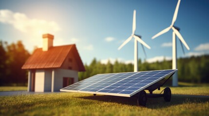 Green energy concept, Solar panels wind turbines. Generative ai