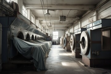 Industrial washing machines department. Cleanliness automate laundry equipment room. Generate ai