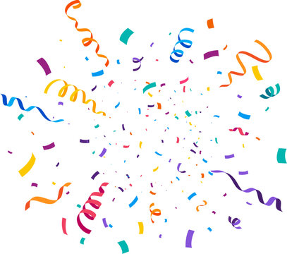 Birthday party confetti background, festive ribbons and streamer paper spiral stripes, cartoon vector. Colorful confetti explosion pop of paper ribbons for holiday, carnival and festival celebration