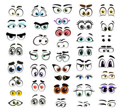 Cartoon comic eyes for face emoji or emoticon characters, vector cute funny smiles set. Comic eyes with eyelashes, emoji icons of happy, angry or sad goggles with eyebrows and eyeglasses expressions