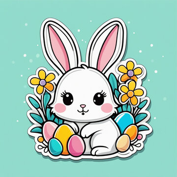 cute funny greeting card with Easter bunny and eggs, background