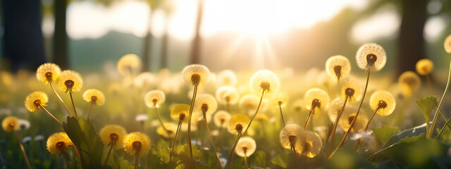 Beautiful spring summer bright natural background with colorful dandelion flowers close up. - Powered by Adobe