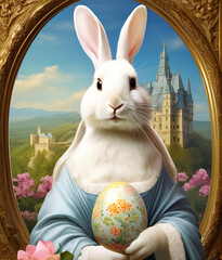 Easter holiday portrait of a rabbit in Mona Lisa-style clothes, Renaissance.