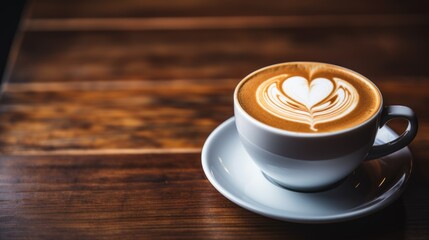 Coffee latte with heart shape. Cup of cappuccino on a wooden table. Generative ai - Powered by Adobe