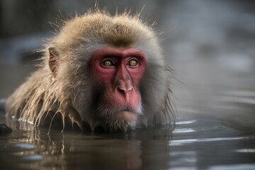 Japanese macaque monkey in water. Wild jungle animal primate in pond. Generate ai