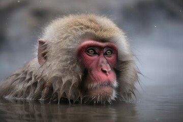 Japanese fluffy macaque in vaporing water. Rainforest adorable monkey bathing portrait. Generate ai
