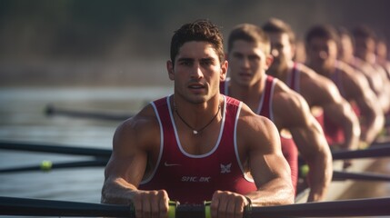 Men's rowing team in competition. Generative ai - obrazy, fototapety, plakaty