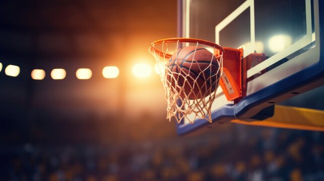 Basketball hoop and ball, scoring points in basketball game close up. Generative ai