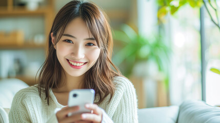 笑顔でスマホを操作する女性