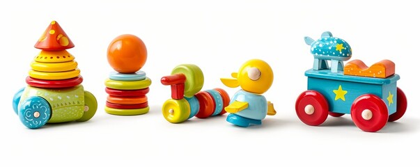 set of 3 colorful classic toddler or baby toys isolated on white background - Generative AI