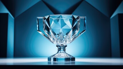 Crystal glass trophy cup on a blue background. Generative ai