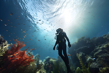 Person in scuba diving attire explores the underwater world, studying marine life and biodiversity, investigates the impact of global warming and climate change on ocean ecosystems - obrazy, fototapety, plakaty