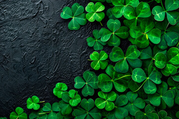 fresh three-leaved shamrocks on black background. St. Patrick`s day holiday symbol
