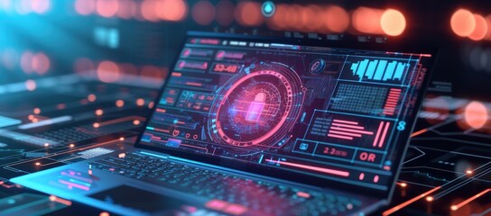 Obraz premium A modern laptop with smart digital futuristic technology screen background. AI generated image