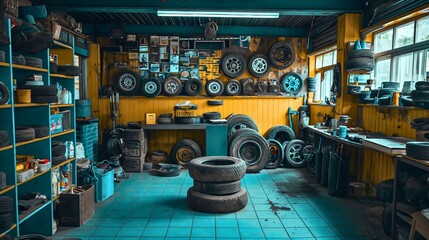 Empty garage workshop space interior full of tires and tools for car fixing. Shelf full of mechanic equipment, repairman workspace or workplace studio or station, automotive center indoor with window - Powered by Adobe