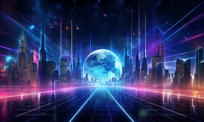 Metaverse digital world cyber space background, neon colorful global world in cyber space, future energy power technology and internet connection concept. Generative Ai