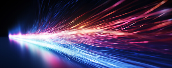 Close-up of optic fibers with dynamic blue and red light bokeh in the background - obrazy, fototapety, plakaty