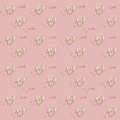 Happy Valentine's day cat Cupid with hearts seamless pattern white isolated background. Love concept.