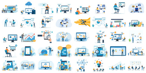 set business flat  vector illustration design style concept. for graphic and web page banners. set cartoon character design. team online video conference meeting. business planning. data analytics 
 - obrazy, fototapety, plakaty