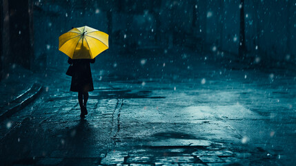 Captivating rain scene: girl with umbrella at night. Calm beauty, inclement weather in indigo and amber. Emphasis on expression, raw vulnerability. Emotional sensitivity in light azure and dark amber
