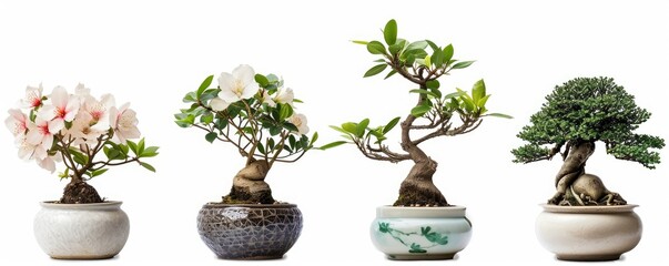 collection Set of different styles of retro vantage desert rose flowers small tree in bonsai style ceramic Japanese vase pot, furniture cosy houseplant isolated on white background, Generative AI