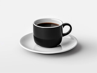 Black coffee cup on saucer isolated on white background.