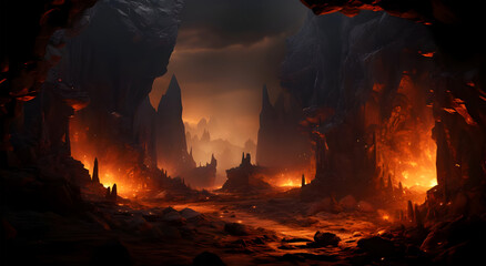 Beautiful view of an empty cave and a fire burning in the tunnel