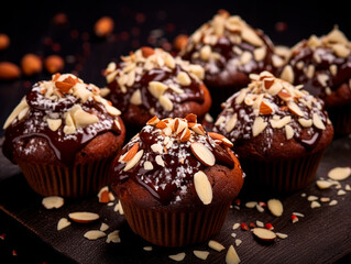 Chocolate muffins with almonds and hazelnuts on a dark background