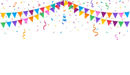 Fototapeta premium Birthday party flag garland and confetti. Vector festive background creating a lively atmosphere filled with joy and celebration. Vibrant Backdrop with colorful decorations, template for greeting card