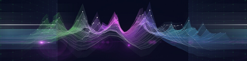 Abstract background color graph from chaotic polygons, dots and lines blurred on dark. Technology concept data grid. Big Data. Banner for business, science and technology data analytics.