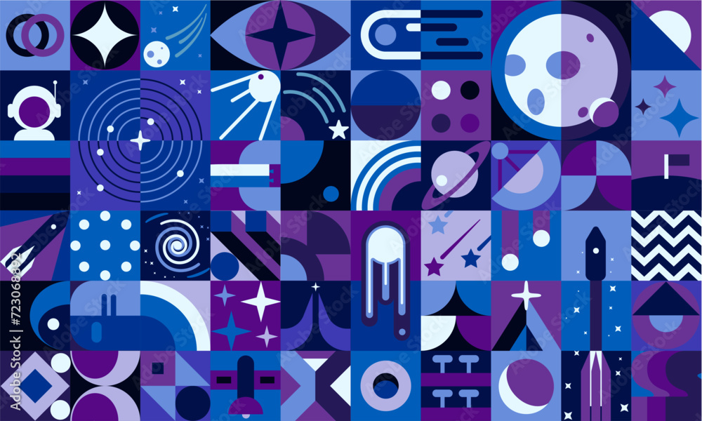 Aufkleber Galaxy space geometric abstract poster, vector pattern background with planets and rockets. Modern or retro mosaic pattern with geometric shape of astronaut, space stars, galaxy spaceship and asteroid