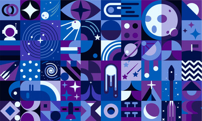 Galaxy space geometric abstract poster, vector pattern background with planets and rockets. Modern or retro mosaic pattern with geometric shape of astronaut, space stars, galaxy spaceship and asteroid
