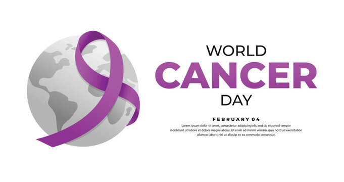 World cancer day. Purple gradient ribbon with earth globe  illustration. Celebrate world Cancer Day on february 4th. for banner, logo, sign, poster, wallpaper, social media etc