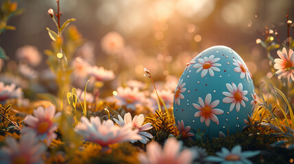 Easter Egg Amidst Spring Blossoms, beautifully decorated Easter egg nestled in a bed of vibrant spring flowers captures the spirit of renewal and celebration - obrazy, fototapety, plakaty