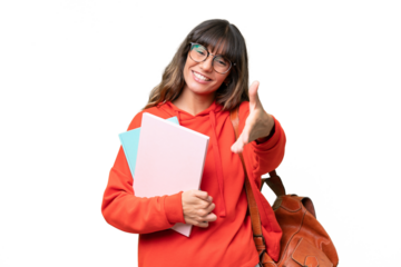 Young student caucasian woman over isolated background shaking hands for closing a good deal