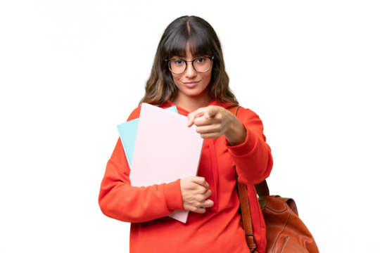 Young student caucasian woman over isolated background surprised and pointing front