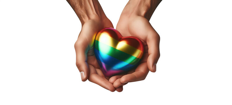 Gay Man hand holding a rainbow heart. Diversity concept art. United Hearts: Inclusivity and Affection Shine in this Vibrant Image of Love's Beautiful Spectrum.