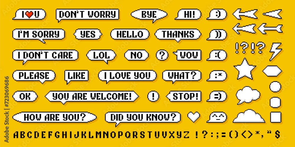 Fototapete 8bit retro pixel speech bubble messages and arrows, like and subscribe, follow, vector pixel font. Chat speech bubbles in 8 bit pixel art, dialog boxes and game talk or message clouds and stars icons