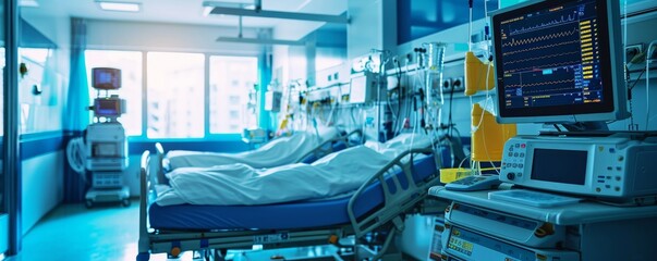 recovery ICU intensive care unit room ward with life support at hospital medical care emergency, biometrics and urgent monitoring of patient health care service banner with copy space, Generative AI