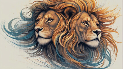 Two colorful lions portrait looking opposite direction, digital art