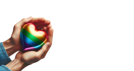 Celebrate Love's Spectrum: Embracing Diversity with a Rainbow Heart Held by Hands of Unity. Gay Man hand holding a rainbow heart. Diversity concept art.