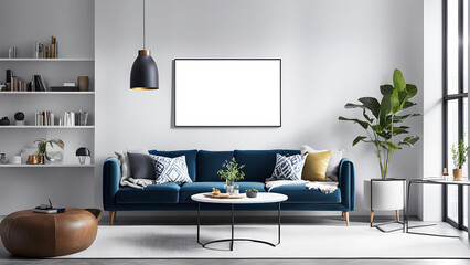 Modern interior design of a living room and white wall with mock up poster frame