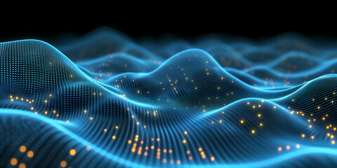 Abstract blue tech background with digital waves, dynamic network system, artificial neural connections, cyber quantum computing and electronic global intelligence