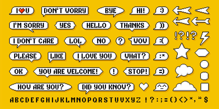 8bit retro pixel speech bubble messages and arrows, like and subscribe, follow, vector pixel font. Chat speech bubbles in 8 bit pixel art, dialog boxes and game talk or message clouds and stars icons