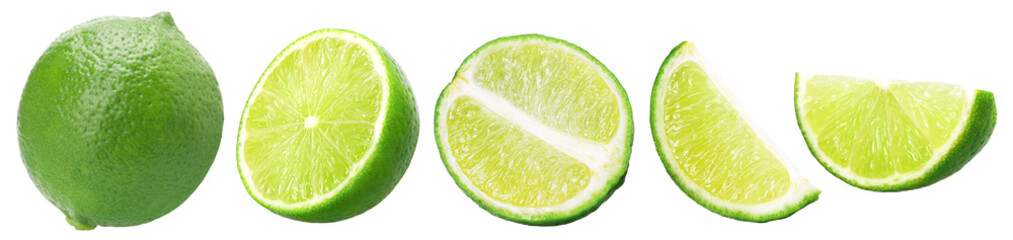 Natural fresh lime, half and slice isolated, transparent PNG, PNG format, cut out